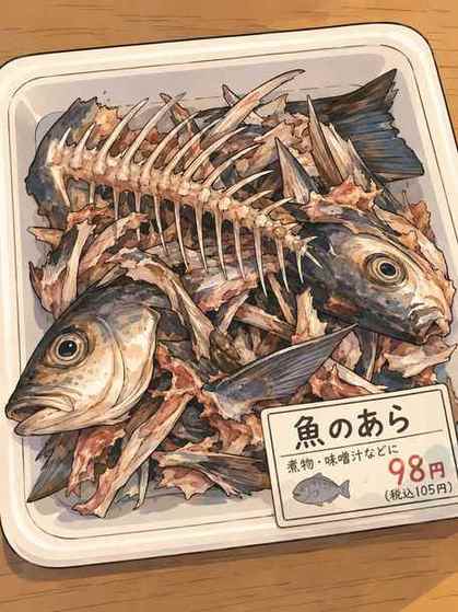 魚のあら — หัวปลา ก้างปลา และเศษเนื้อปลาที่ขายในราคาถูกกว่าปลาแล่เป็นชิ้น